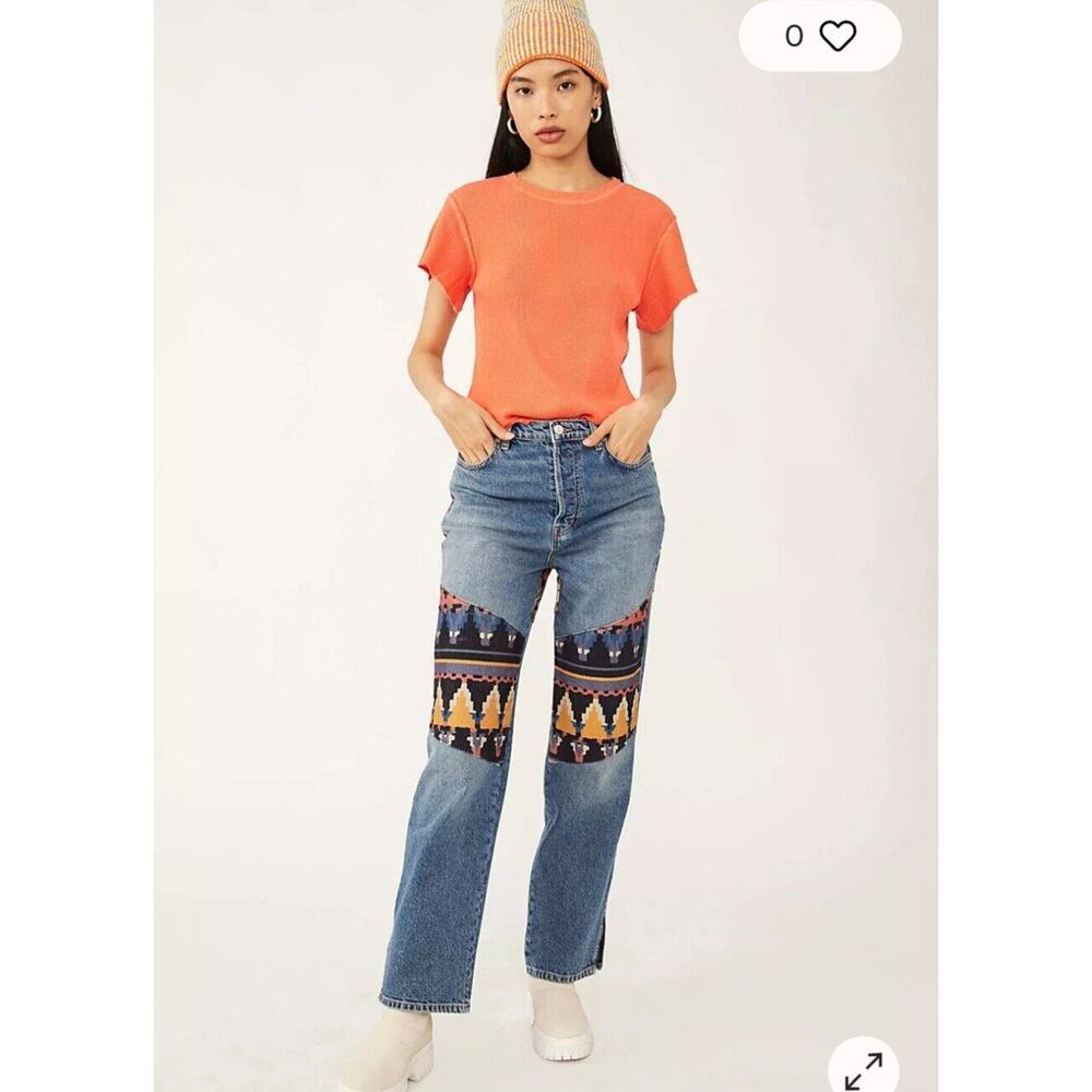 Free People Rocky Mountain Straigt Leg Jeans‎ Southwestern Patchwork Size 24